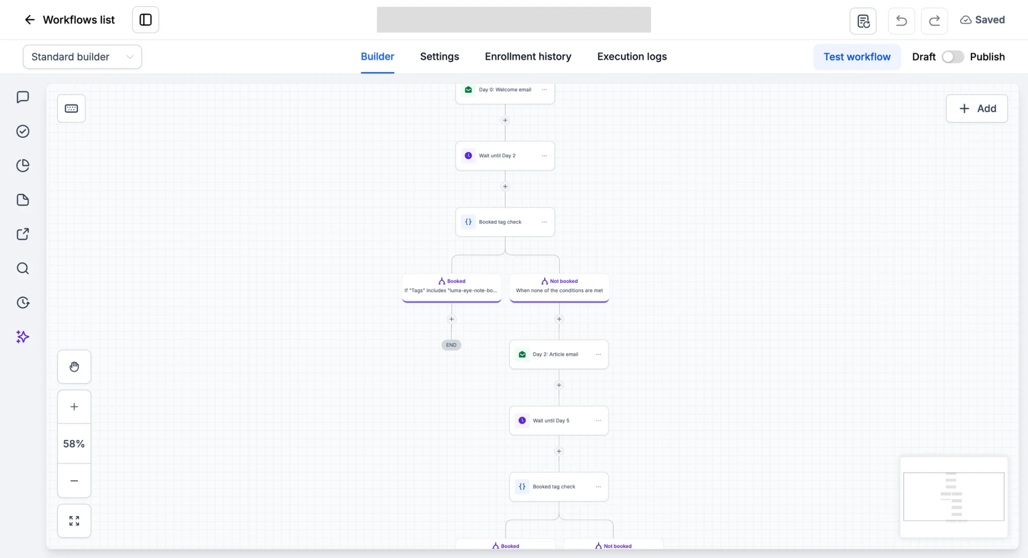 GoHighLevel · Email workflows | Email sequence with timed waits, booking-tag checks and separate next actions.